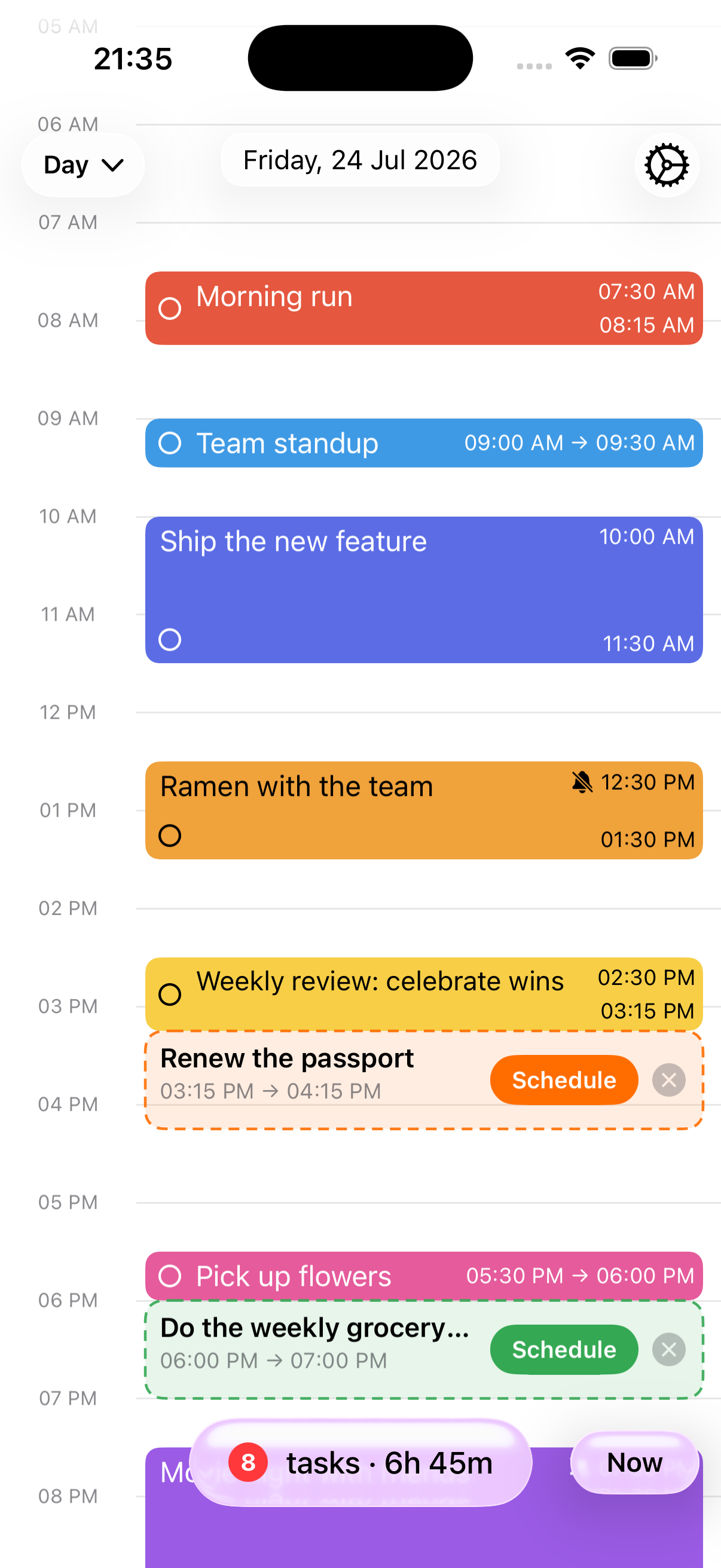 A day on the Accomplish timeline with tasks and events stacked by hour.